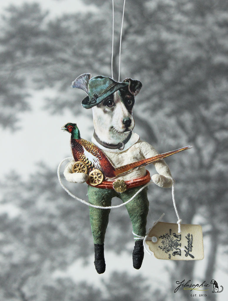 Spun Cotton Ornament Hunting Dog with Pheasant Pull Toy