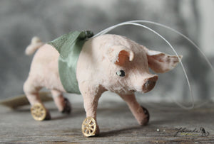 Spun Cotton Ornament Piglet on Wheels