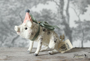 Sitting Spun Cotton Figurine Piglet with Party Hat