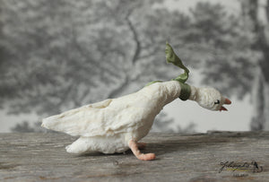Spun Cotton Standing Figurine Cackling Goose with Green  Ribbon