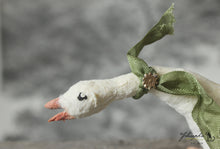 Laden Sie das Bild in den Galerie-Viewer, Spun Cotton Standing Figurine Cackling Goose with Green  Ribbon