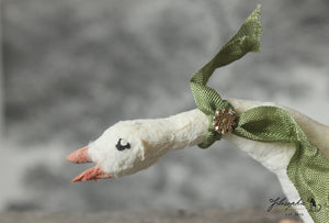 Spun Cotton Standing Figurine Cackling Goose with Green  Ribbon