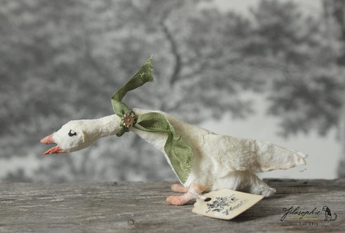 Spun Cotton Standing Figurine Cackling Goose with Green  Ribbon