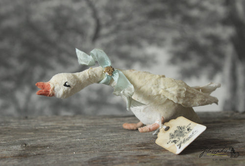 Spun Cotton Standing Figurine Cackling Goose with Mint  Ribbon