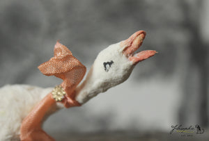 Spun Cotton Standing Figurine Cackling Goose with Peach  Ribbon
