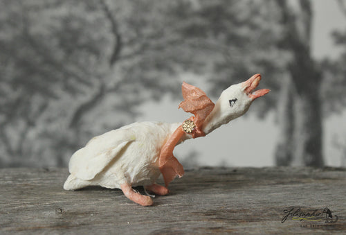 Spun Cotton Standing Figurine Cackling Goose with Peach  Ribbon
