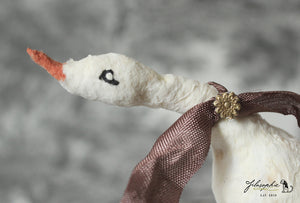 Spun Cotton Standing Figurine Curious Goose with Taupe  Ribbon