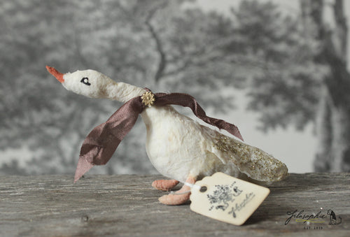 Spun Cotton Standing Figurine Curious Goose with Taupe  Ribbon