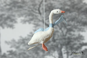 Spun Cotton Ornament Goose with Blue Ribbon
