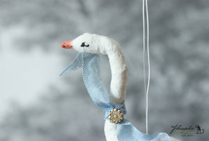 Spun Cotton Ornament Goose with Blue Ribbon