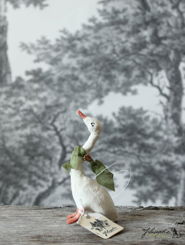 Spun Cotton Ornament Goose with Green Ribbon