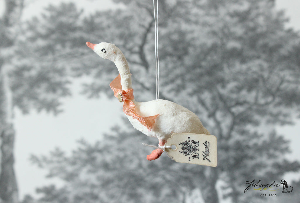 Spun Cotton Ornament Goose with Peach Ribbon