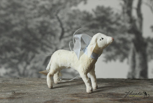 Spun Cotton Ornament Easter Lamb with Blue Ribbon