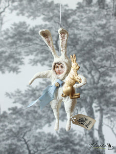 Spun Cotton Ornament White Easter Rabbit with golden Bunny