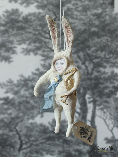 Spun Cotton Ornament White Easter Rabbit with golden Stork