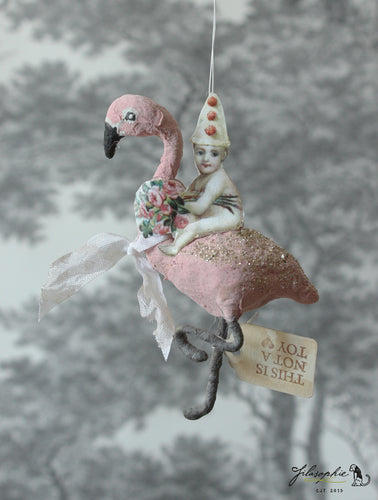 Spun Cotton Ornament Flamingo with Rider