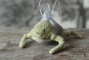 Spun Cotton Ornament Mini Frog with Blue Ribbon