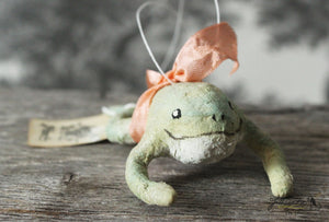 Spun Cotton Ornament Mini Frog with Peach Ribbon