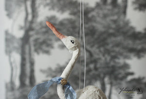 Spun Cotton Ornament Stork with Blue Ribbon