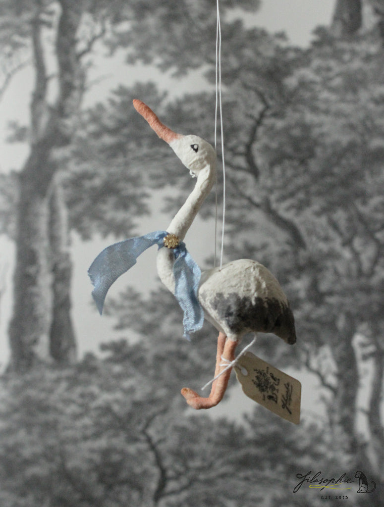 Spun Cotton Ornament Stork with Blue Ribbon