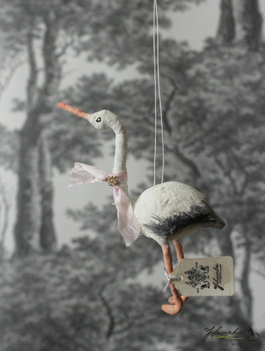 Spun Cotton Ornament Stork with Pink Ribbon