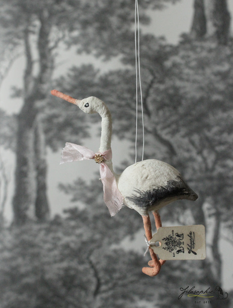 Spun Cotton Ornament Stork with Pink Ribbon