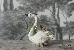 Standing Spun Cotton Figurine Winged Swan with Flower Crown