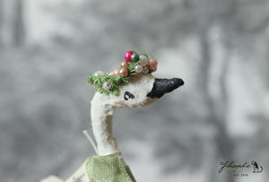 Standing Spun Cotton Figurine Winged Swan with Flower Crown