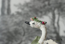 Laden Sie das Bild in den Galerie-Viewer, Standing Spun Cotton Figurine Winged Swan with Flower Crown