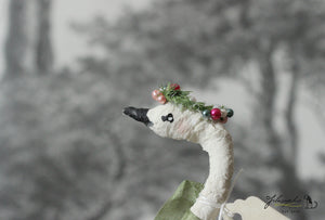 Standing Spun Cotton Figurine Winged Swan with Flower Crown