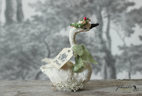 Standing Spun Cotton Figurine Winged Swan with Flower Crown