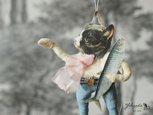 Spun Cotton Ornament Black Cat with Fish