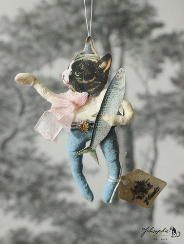 Spun Cotton Ornament Black Cat with Fish