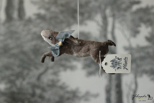 Spun Cotton Ornament  Jumping Hare with Blue Ribbon