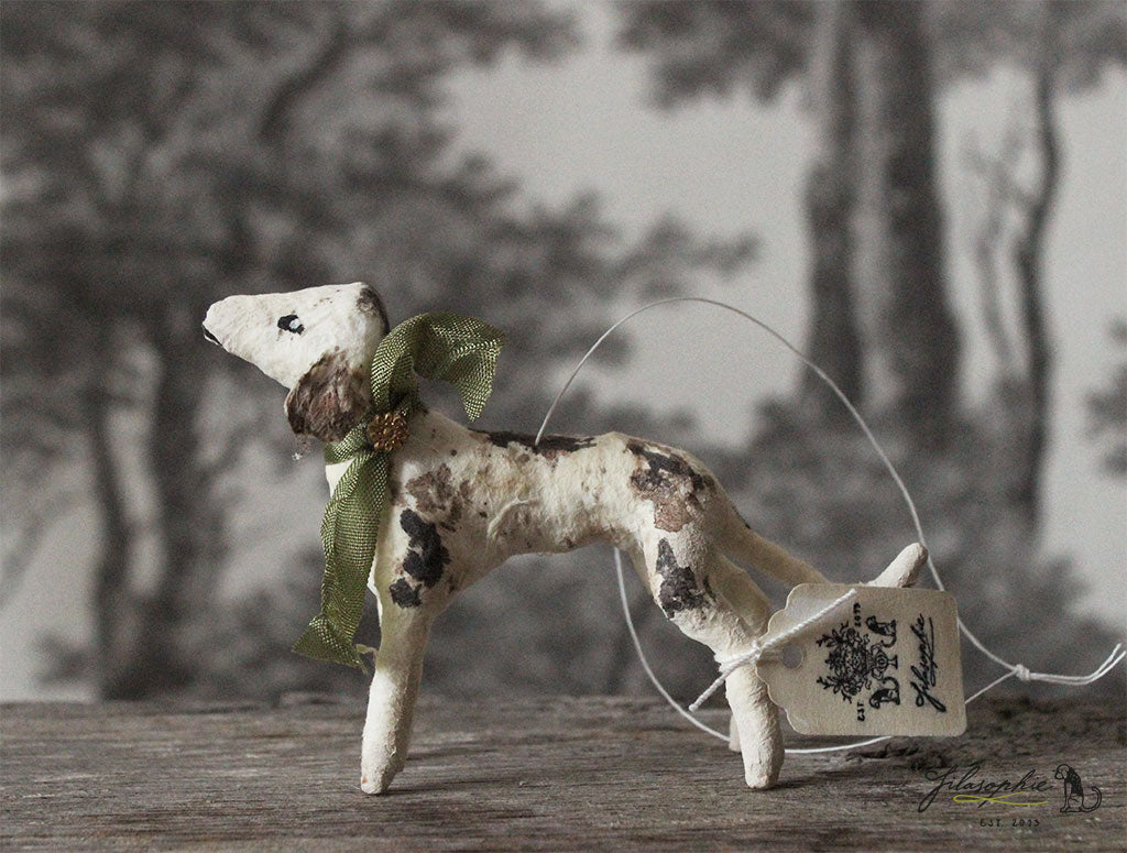 Spun Cotton Ornament Dog with Green Ribbon