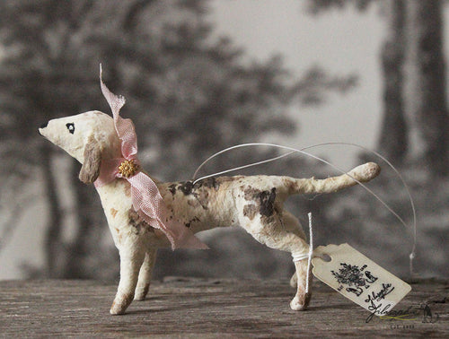 Spun Cotton Ornament Dog with Pink Ribbon