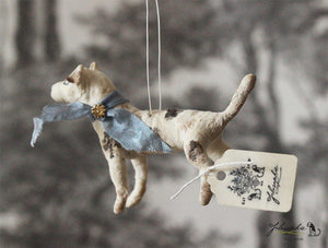 Spun Cotton Ornament Dog Terrier with Blue Ribbon