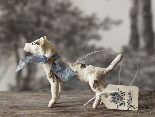Spun Cotton Ornament Dog Terrier with Blue Ribbon