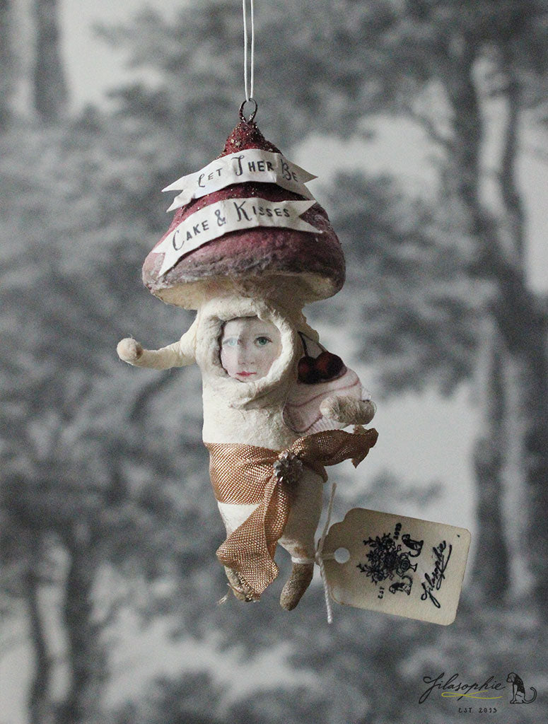 Spun Cotton Ornament Red Chubby Mushroom with Cake