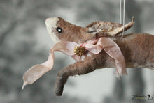 Laden Sie das Bild in den Galerie-Viewer, Spun Cotton Ornament  Jumping Hare with Pink Ribbon