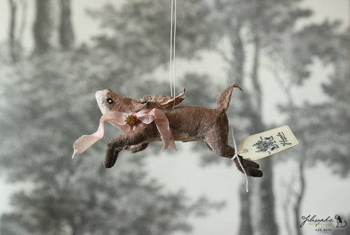 Spun Cotton Ornament  Jumping Hare with Pink Ribbon
