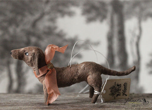 Spun Cotton Ornament Sausage Dog with Peach Ribbon