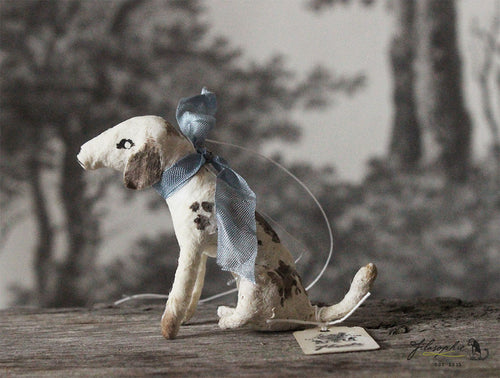 Spun Cotton Ornament Sitting Dog with Blue Ribbon