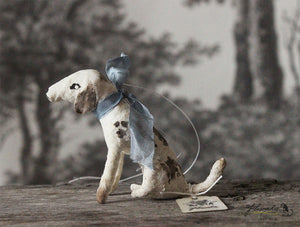 Spun Cotton Ornament Sitting Dog with Blue Ribbon