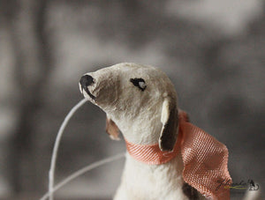 Spun Cotton Ornament Sitting Dog with Peach Ribbon