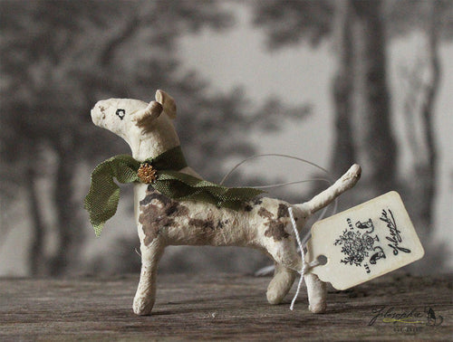 Spun Cotton Ornament Dog Terrier with Green Ribbon